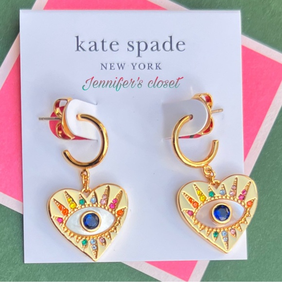 KATE SPADE Mother Of Pearl & Stone Evil Eye Drop Huggie Hoop Earrings - Picture 2 of 7
